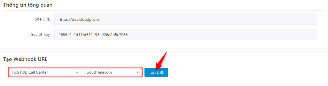 Chọn Tích hợp Call Center - tổng đài South Telecom - Tạo URL