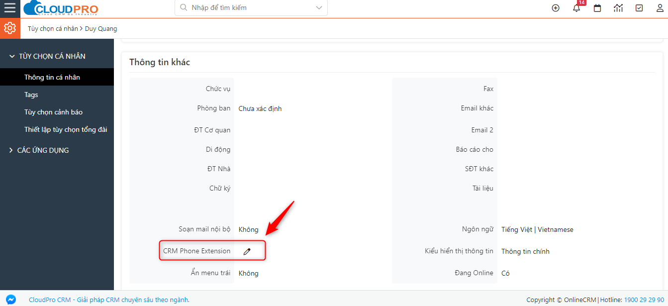 Trường CRM Phone Extension - click icon chỉnh sửa