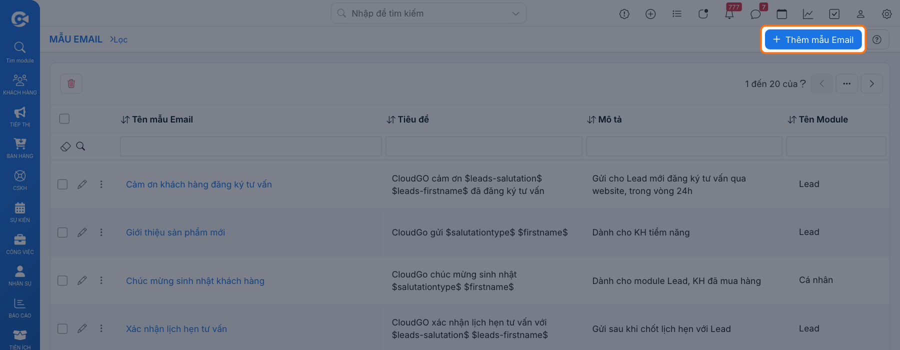 Danh sách Mẫu Email gồm các cột Tên mẫu Email, Tiêu đề, Mô tả, Tên Module, khoanh vùng nút Thêm mẫu Email