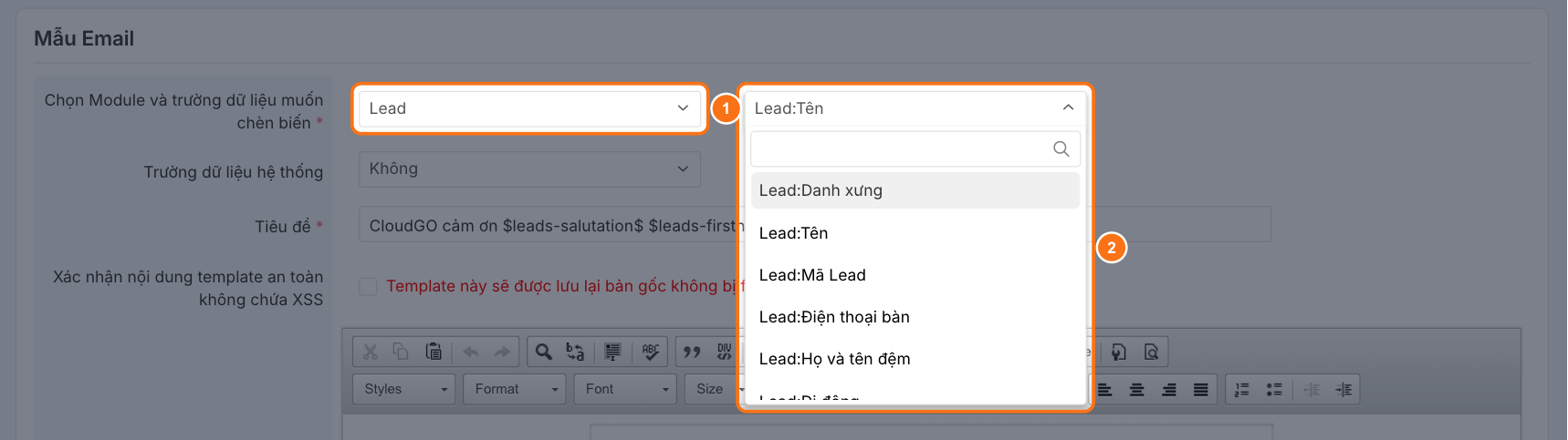 Khối Mẫu Email, ô chọn Module đang là Lead, ô chọn trường đang mở danh sách các trường của Lead như Danh xưng, Tên, Mã Lead