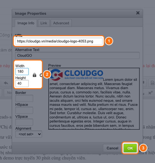 Hộp thoại Image Properties đã dán URL logo CloudGO, Width 180, Height 40, khung Preview hiển thị logo
