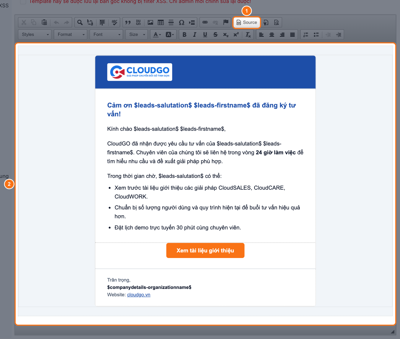 Mẫu email HTML hiển thị ở chế độ xem trực quan: phần đầu màu xanh có logo, lời cảm ơn, 3 gạch đầu dòng, nút cam Xem tài liệu giới thiệu và chữ ký công ty