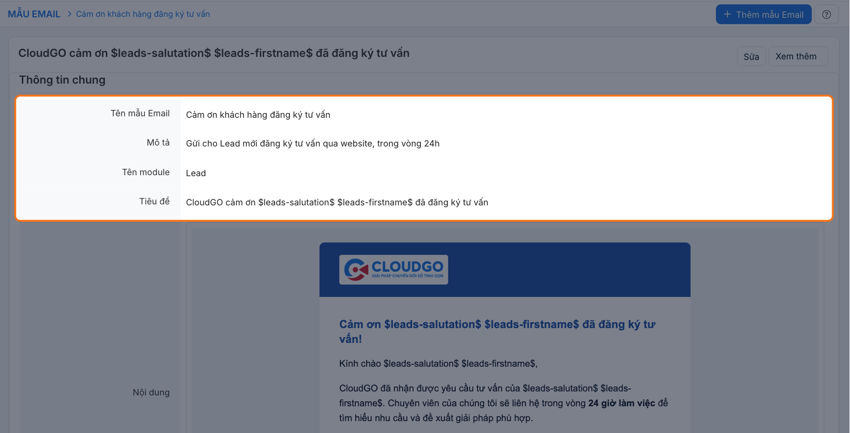 Trang chi tiết mẫu email sau khi lưu, hiển thị Tên mẫu Email, Mô tả, Tên module là Lead và Tiêu đề có biến