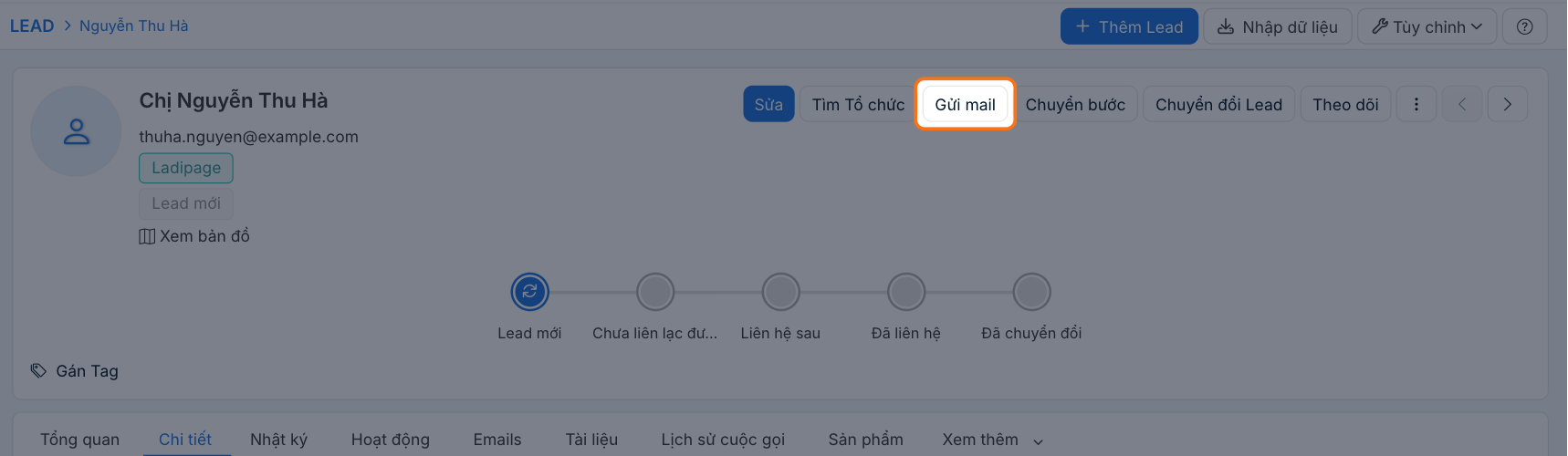 Trang chi tiết Lead Chị Nguyễn Thu Hà, khoanh vùng nút Gửi mail