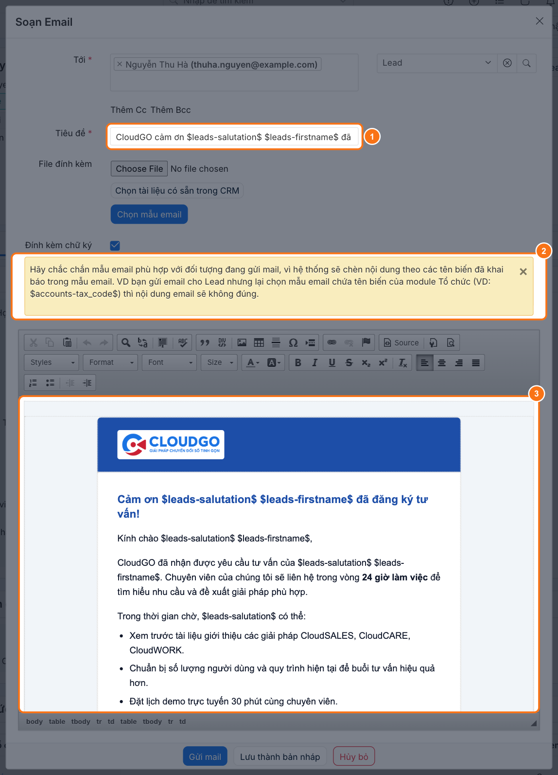 Hộp thoại Soạn Email sau khi chọn mẫu, khoanh vùng ô Tiêu đề, cảnh báo vàng về việc chọn mẫu đúng Module và vùng nội dung có biến