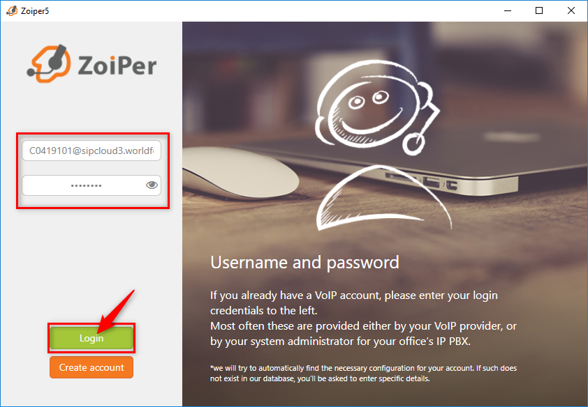 Màn hình đăng nhập Zoiper - chọn Login