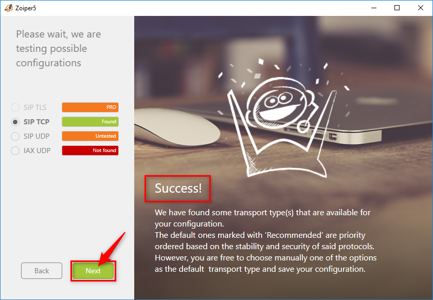 Thông báo Success - hoàn thành cấu hình Zoiper