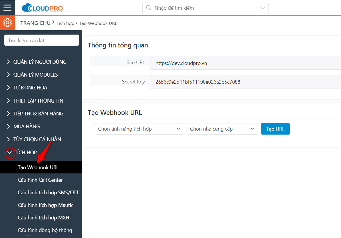 Menu Tích hợp - Tạo Webhook URL