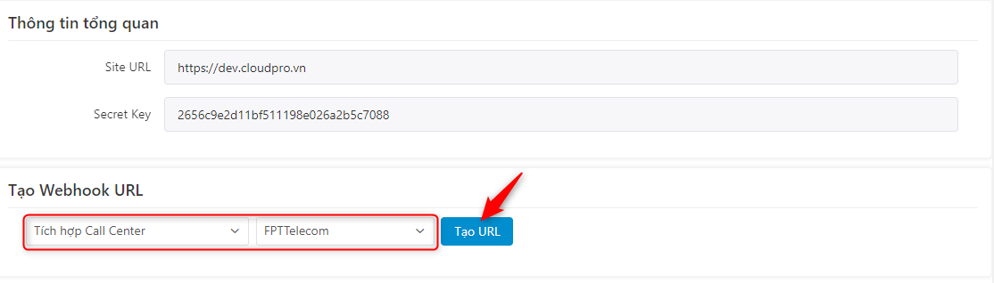 Chọn Tích hợp Call Center - tổng đài FPT Telecom - Tạo URL