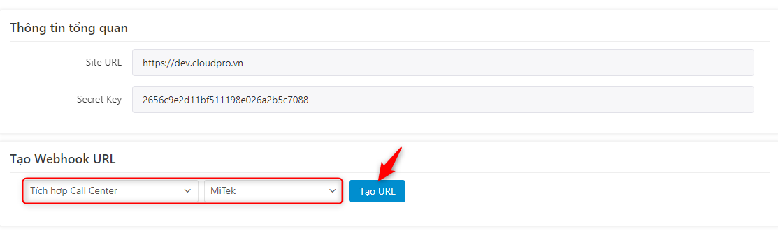 Chọn Tích hợp Call Center - tổng đài Mitek - Tạo URL