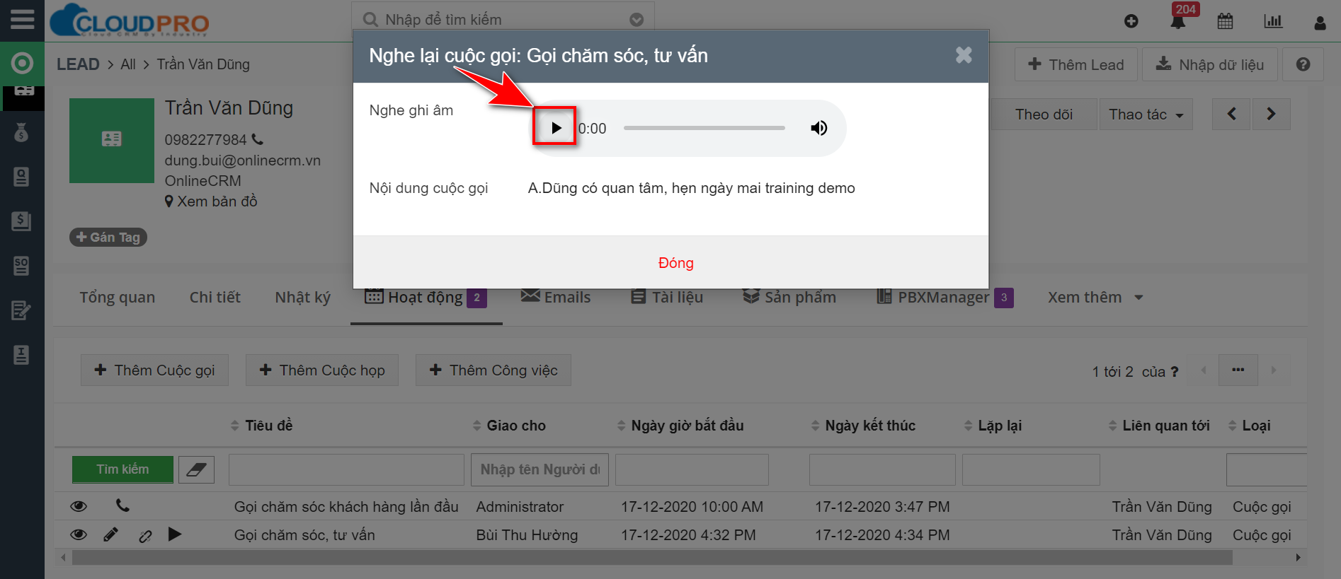 Màn hình nghe ghi âm cuộc gọi - click icon play