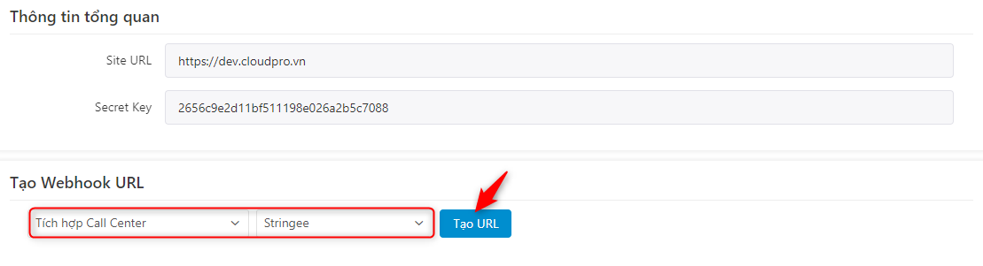 Chọn Tích hợp Call Center - tổng đài Stringee - Tạo URL