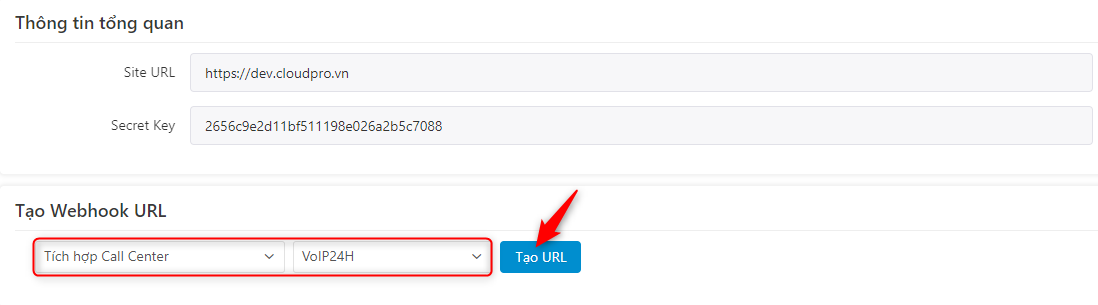 Chọn Tích hợp Call Center - tổng đài VOIP24H - Tạo URL