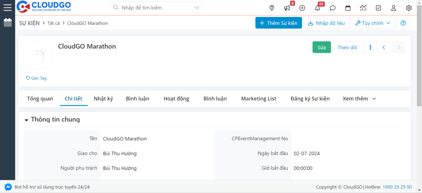 Hồ sơ Sự kiện đã được tạo thành công trên CRM