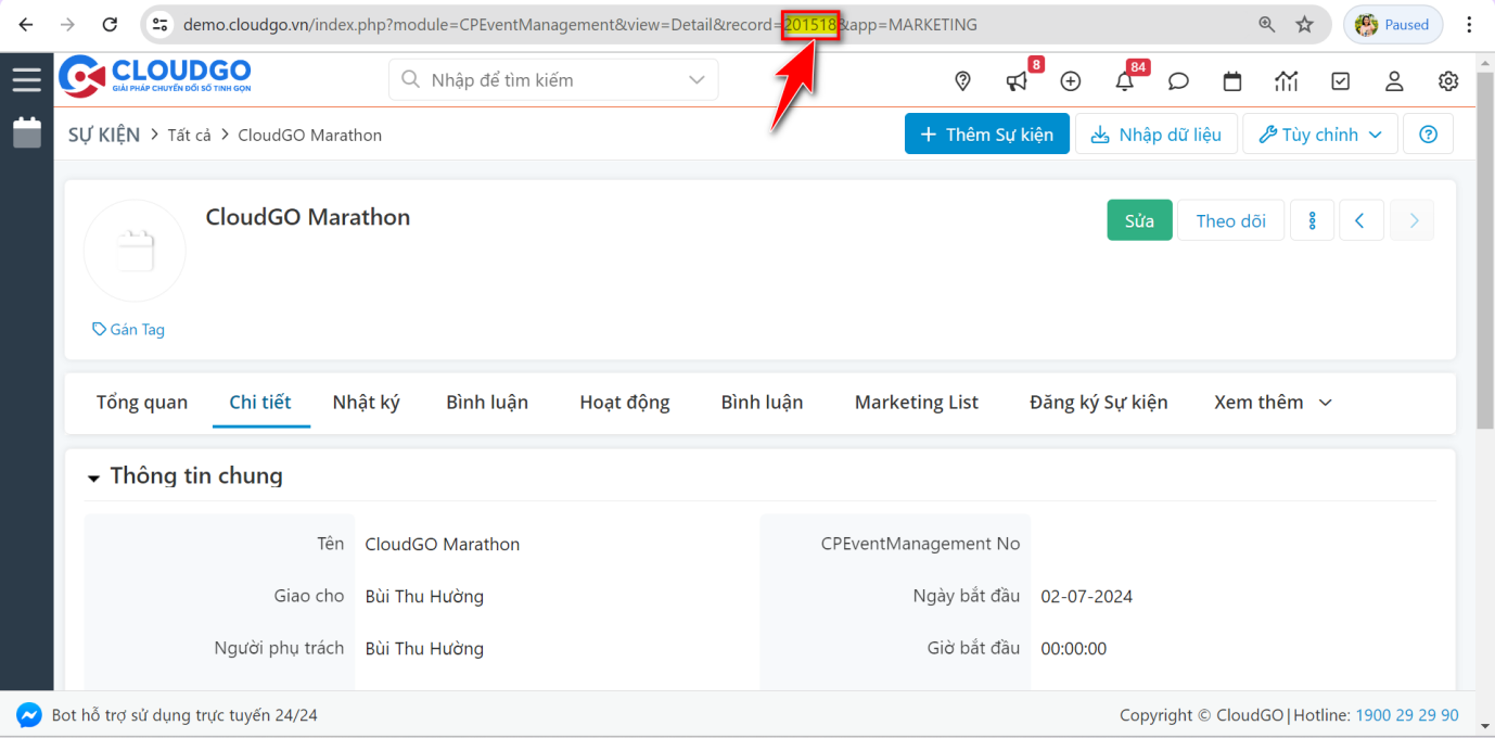 Bước 2 - Lấy thông tin id Sự kiện trên CRM