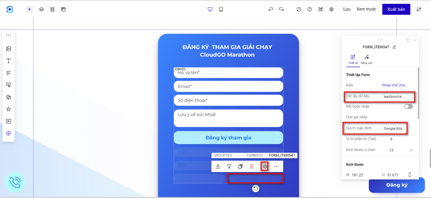 Trường ẩn Nguồn với Tên lấy dữ liệu là leadsource và giá trị mặc định là Key nguồn sự kiện