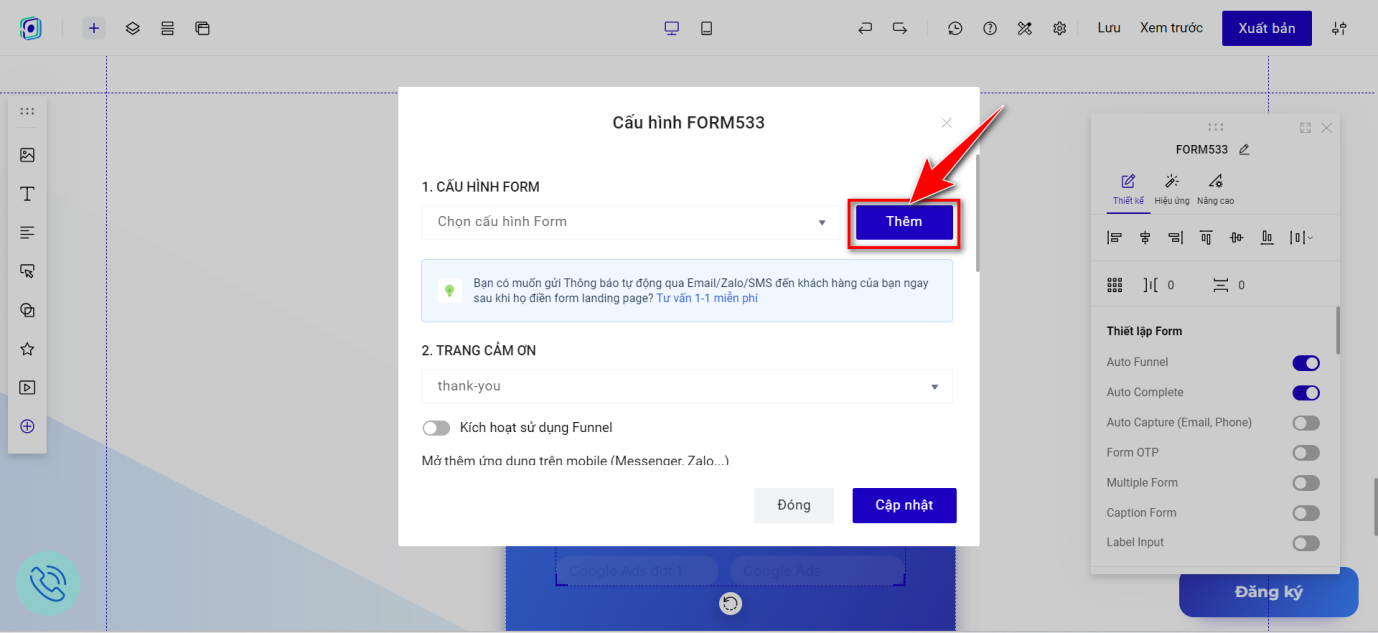 Thêm mới cấu hình Form kết nối API