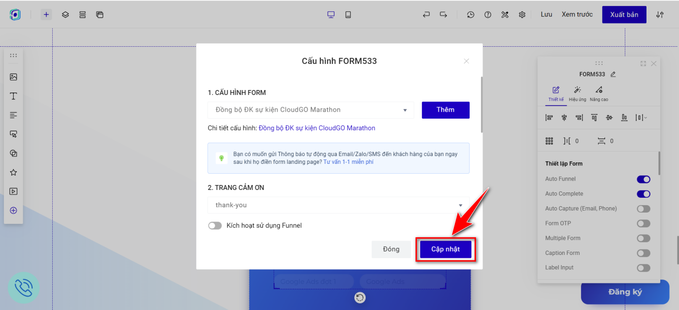 Bước 9 - Nhấn Cập nhật để hoàn tất liên kết form kết nối