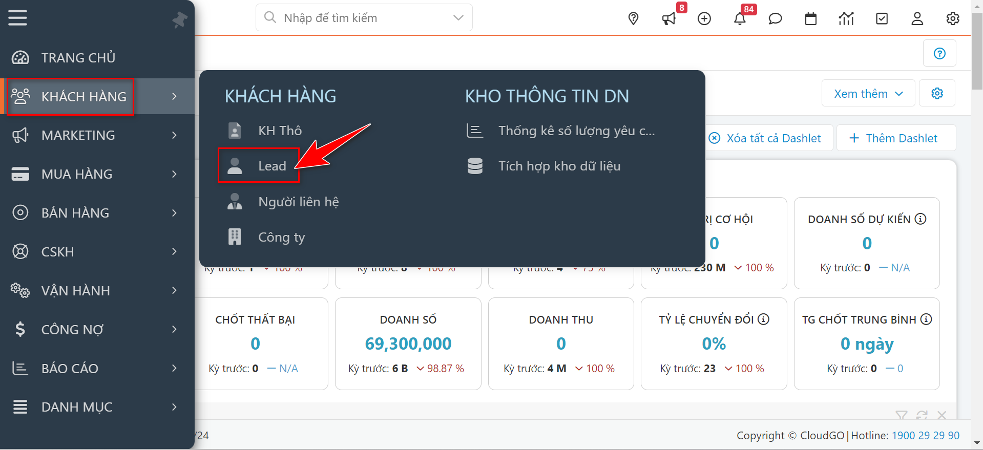 Màn hình danh sách Lead - chọn Tuỳ chỉnh > Trường dữ liệu & giao diện