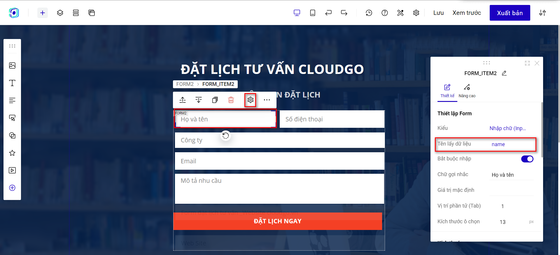 Trường Họ và tên khách hàng trên Landing Page với Tên lấy dữ liệu là name