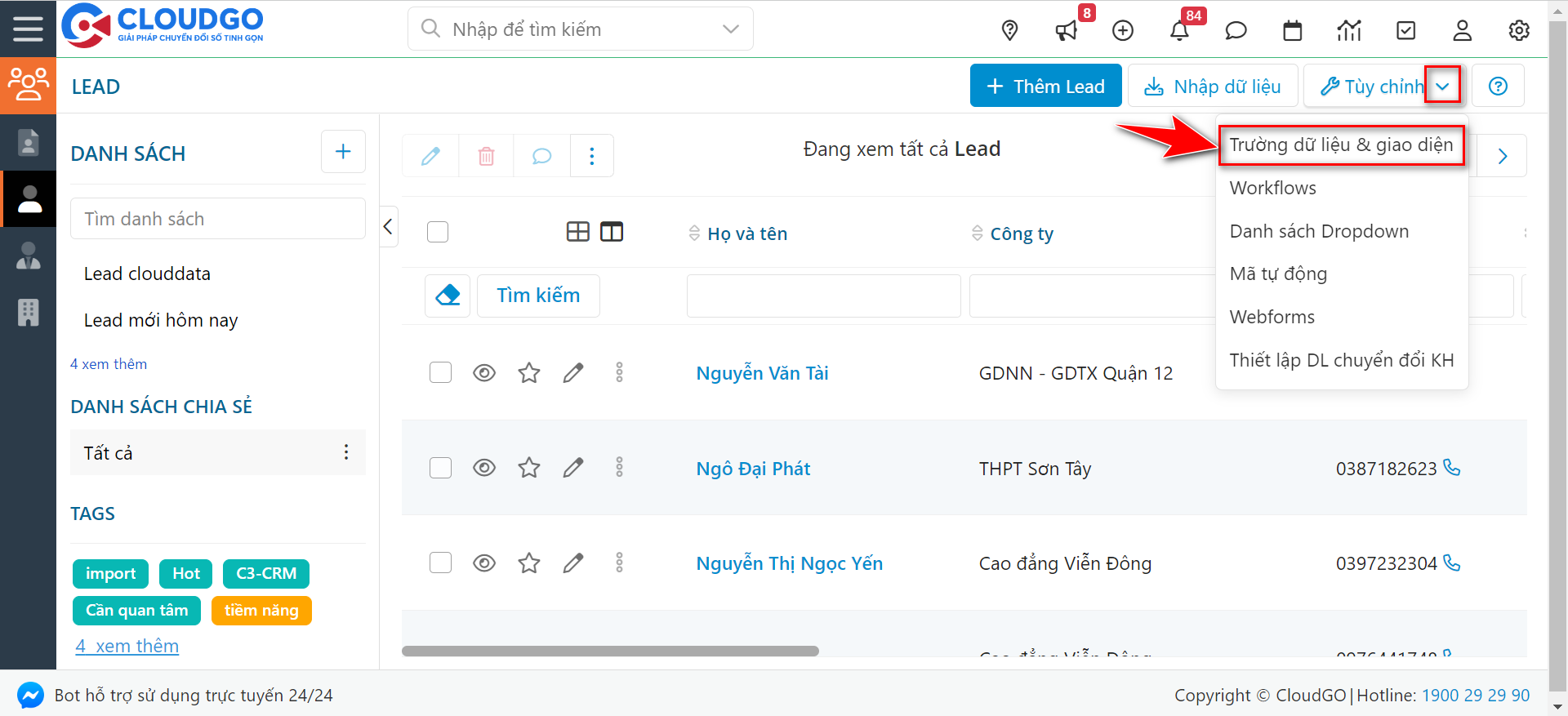 Màn hình danh sách Lead - chọn Tuỳ chỉnh > Trường dữ liệu & giao diện