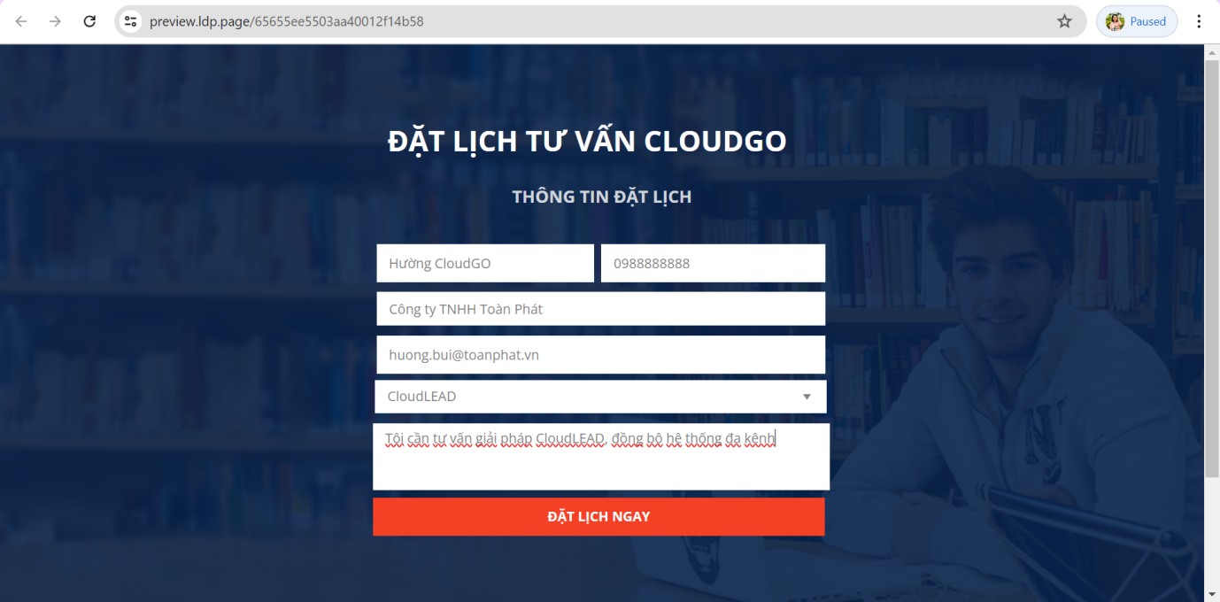 Nhập thông tin test trên form Landing Page