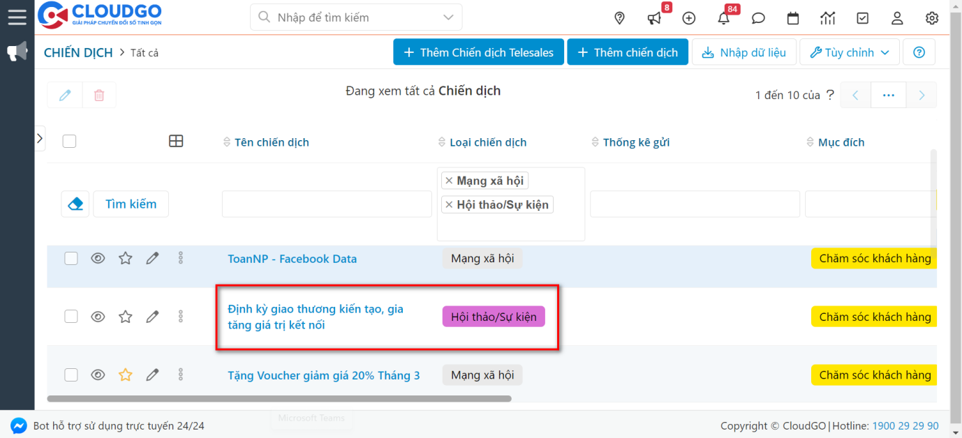 Loại hình Chiến dịch Marketing, CSKH dùng để tích hợp Ladipage với CRM