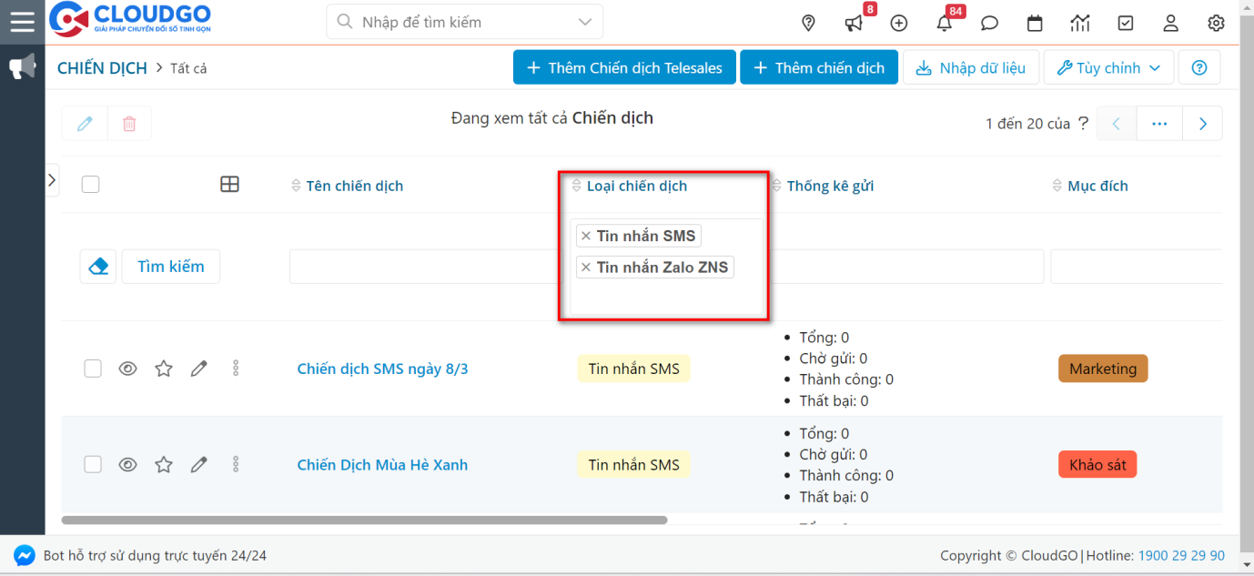 Loại hình Chiến dịch gửi SMS, ZNS hàng loạt, không liên quan khi tích hợp Ladipage