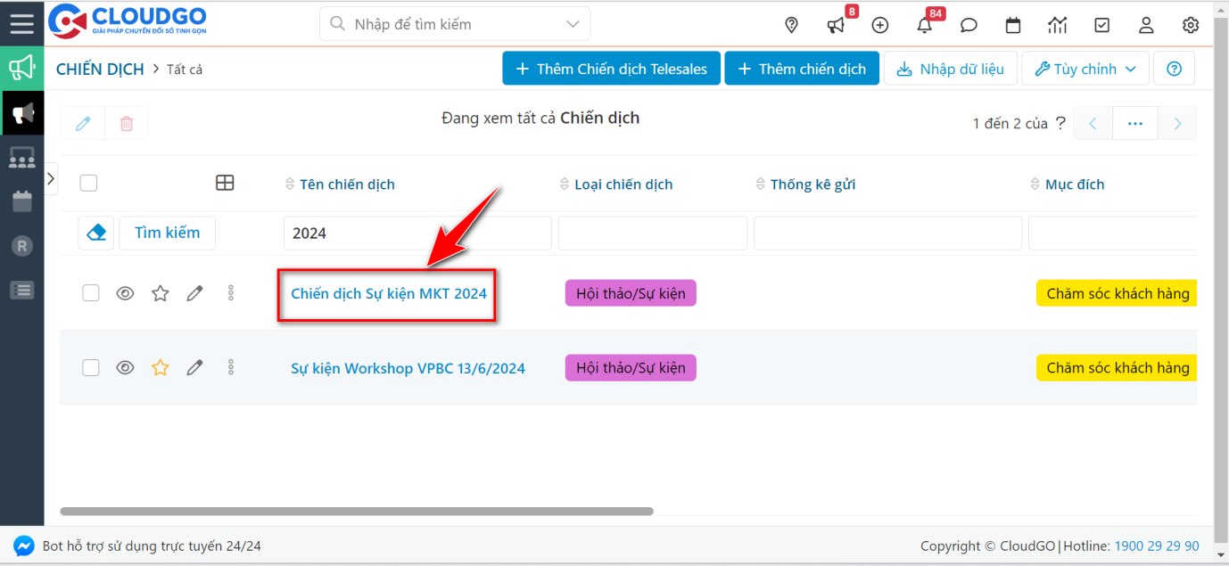 Xem chi tiết Chiến dịch Sự kiện MKT 2024 để lấy id