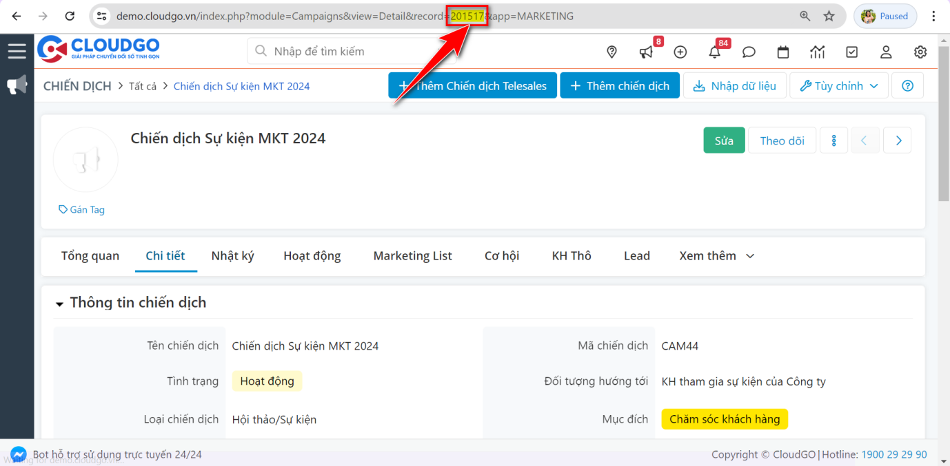 Bước 2 - Lấy thông tin id Chiến dịch trên CRM