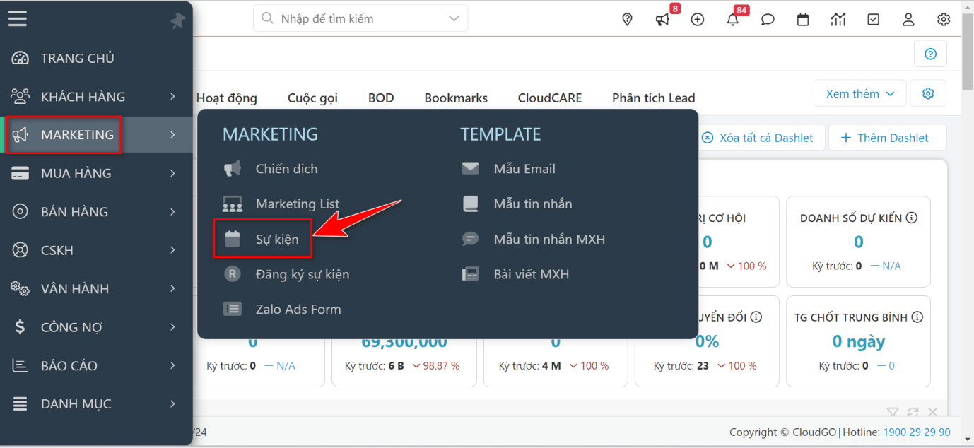 Bước 1 - Truy cập danh mục Marketing, chọn module Sự kiện