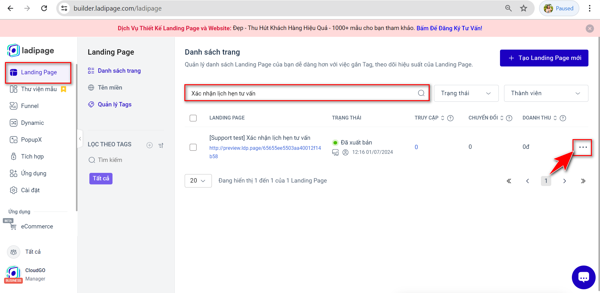 Bước 2 - Click icon Ba chấm, chọn Chỉnh sửa Builder