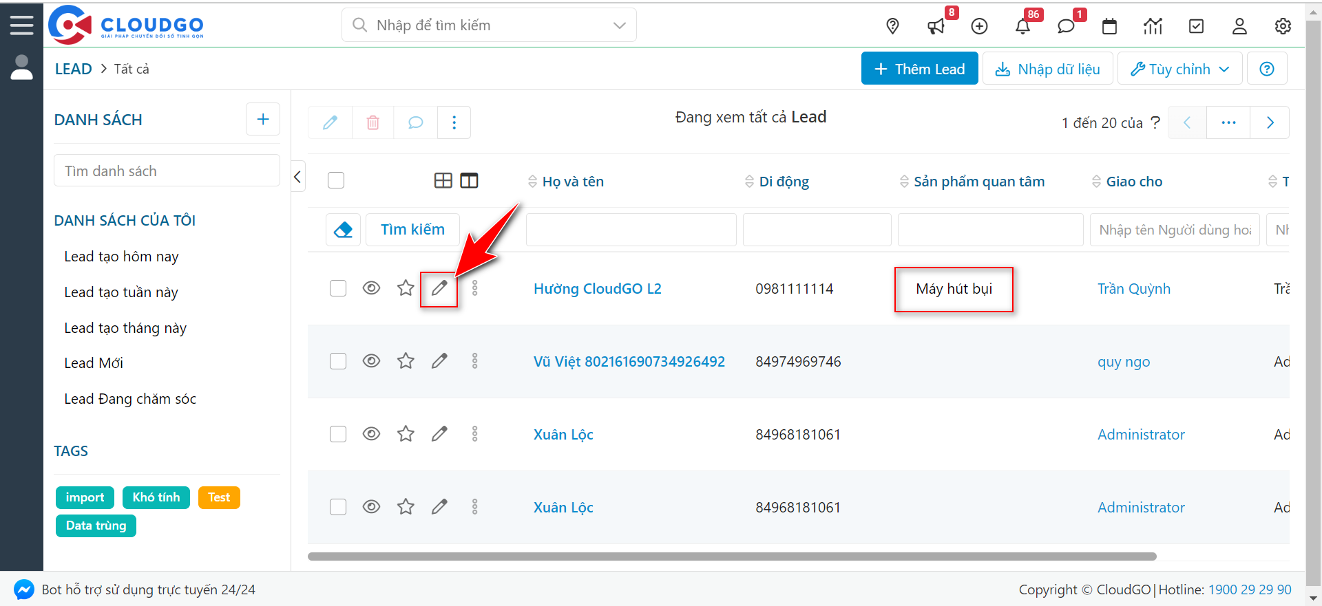 Kiểm tra lại dữ liệu Sản phẩm quan tâm trên CRM