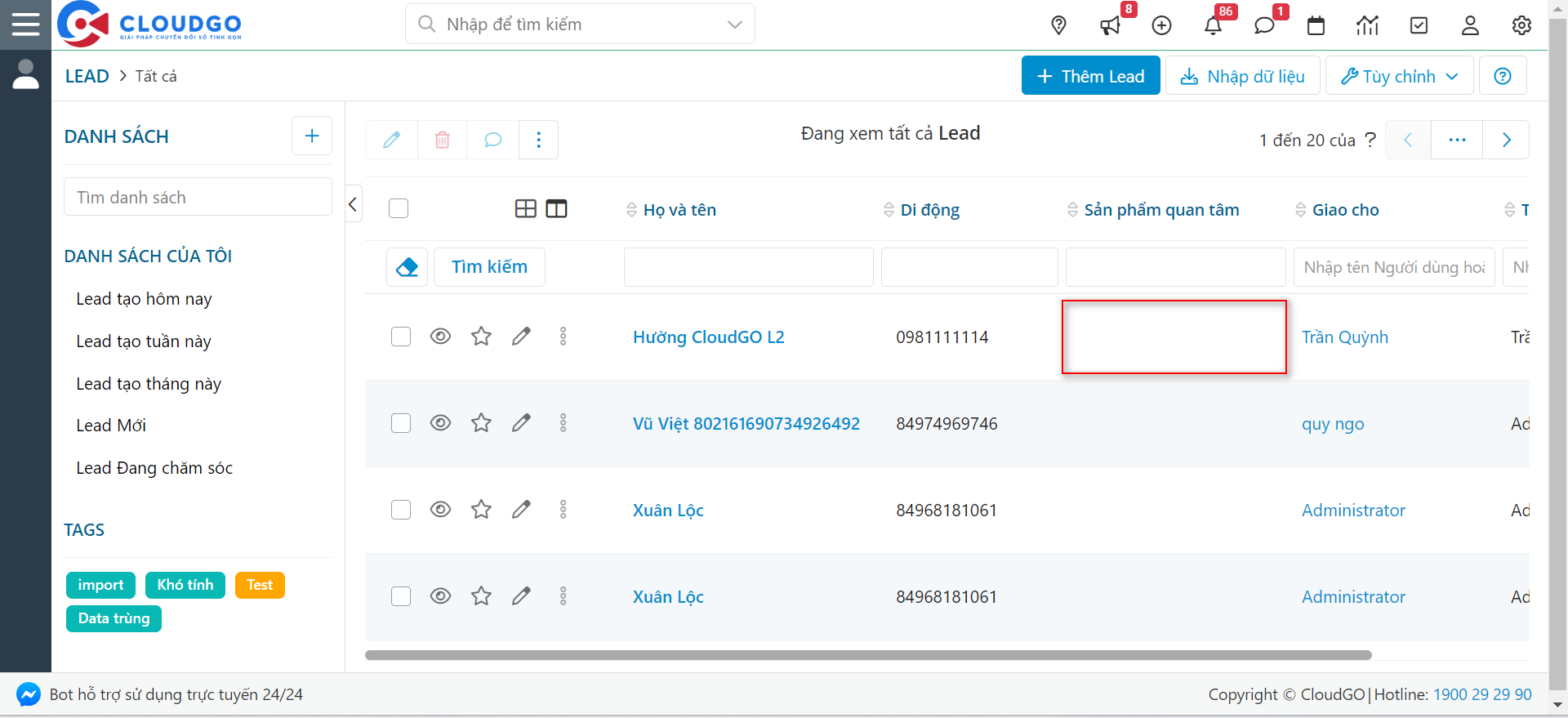 Ví dụ trường Sản phẩm quan tâm không hiển thị giá trị do thiết lập sai bảng mã code