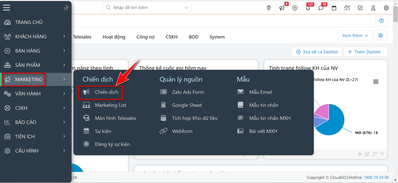Bước 1 - Truy cập danh mục Marketing, chọn Chiến dịch