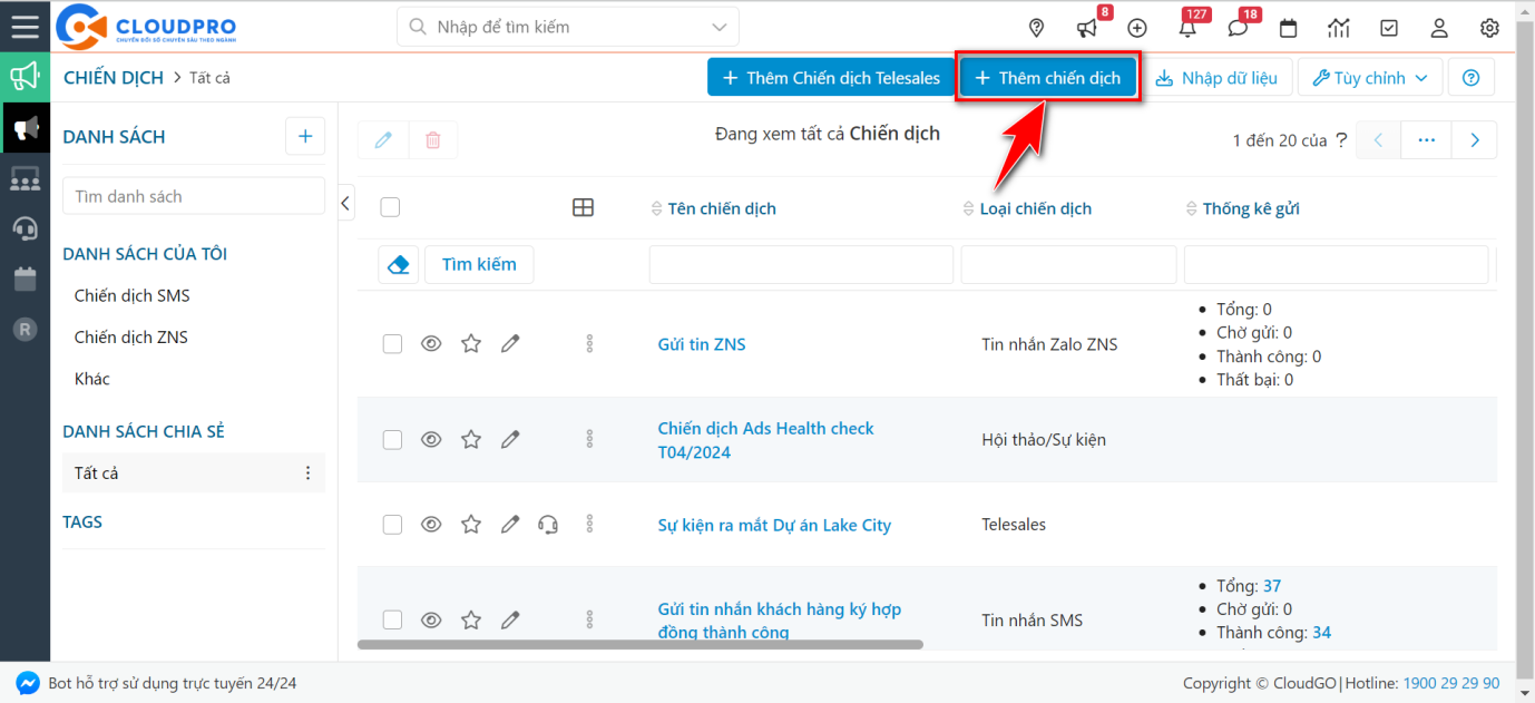 Bước 2 - Chọn Thêm Chiến dịch tại màn hình danh sách Chiến dịch