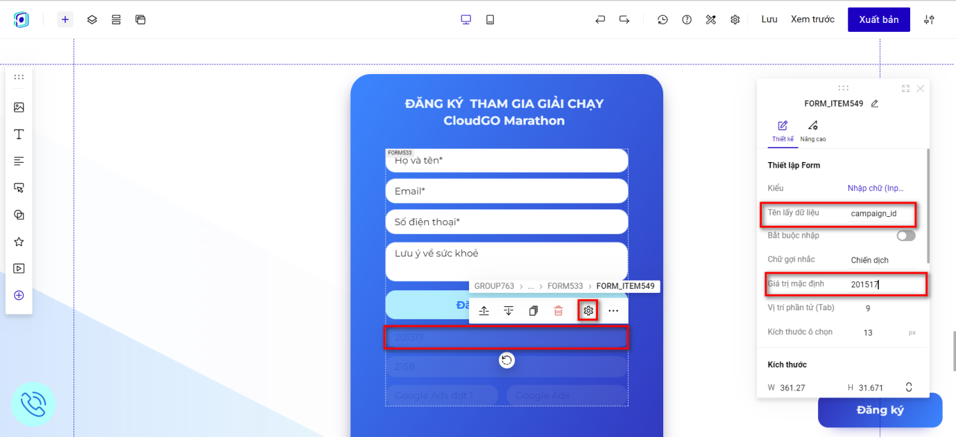 Thiết lập ẩn 2 trường campaign_id và event_id trên form