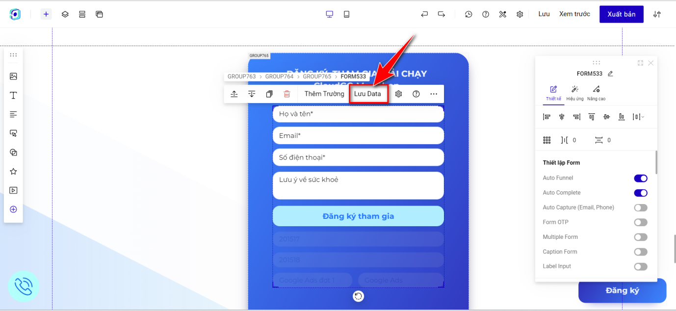 Bước 3 - Click vào full form, chọn Lưu data