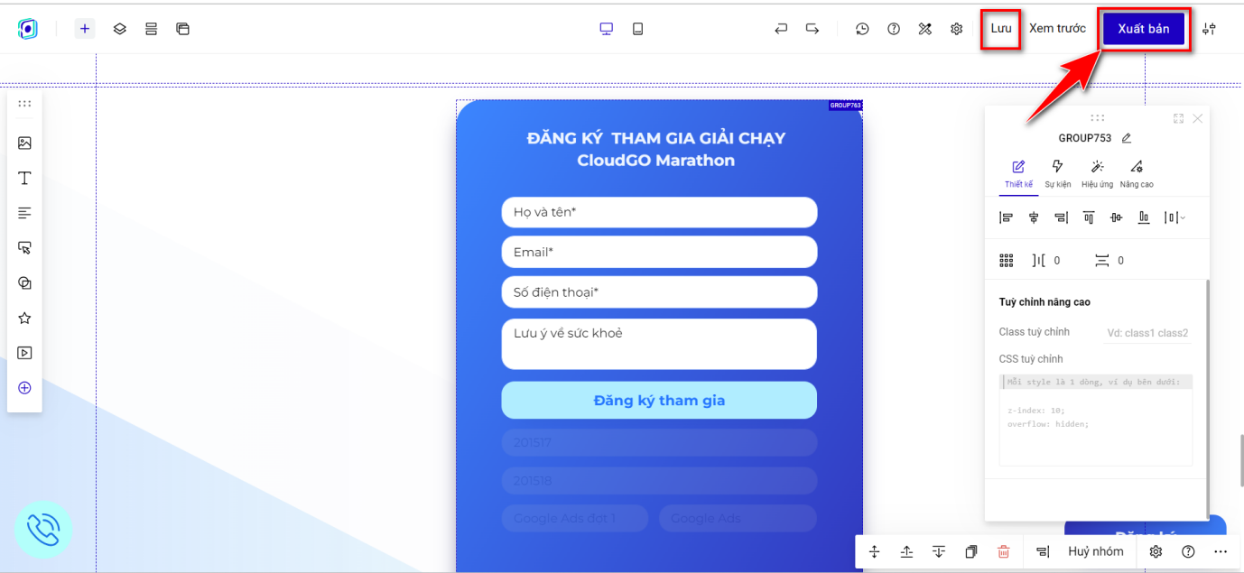Nhấn Lưu và chọn Xuất bản Landing Page đăng ký sự kiện