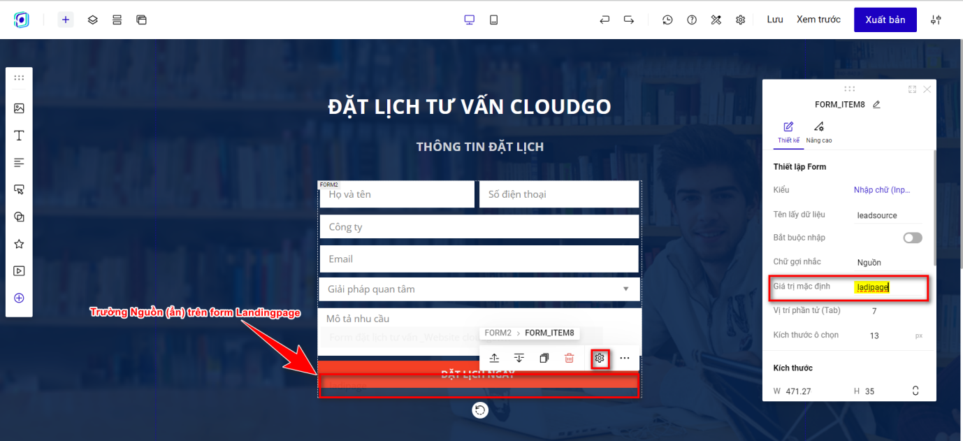 Nhập Key giá trị vào Giá trị mặc định của trường lấy dữ liệu trên Landing Page