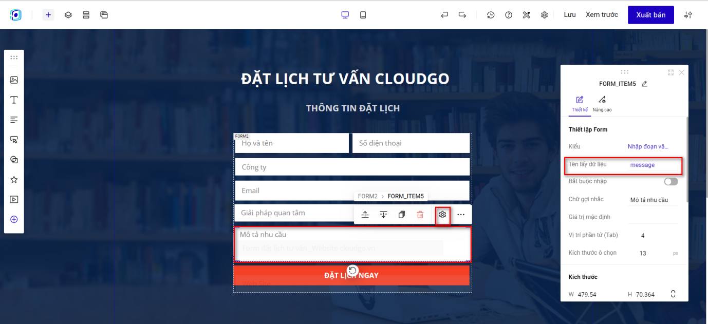 Trường Mô tả nhu cầu với Tên lấy dữ liệu là message