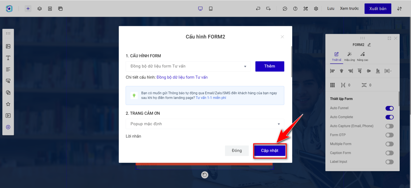 Bước 9 - Nhấn Cập nhật để hoàn tất liên kết form kết nối