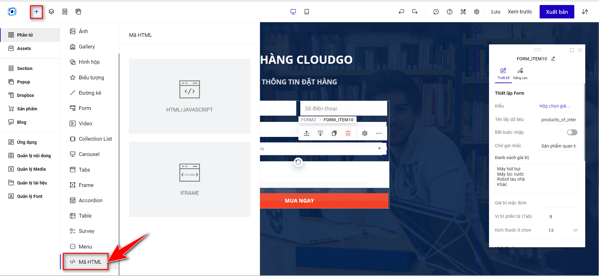 Bước 1 - Thêm 1 đoạn mã HTML trên trang Landing Page đang thiết kế