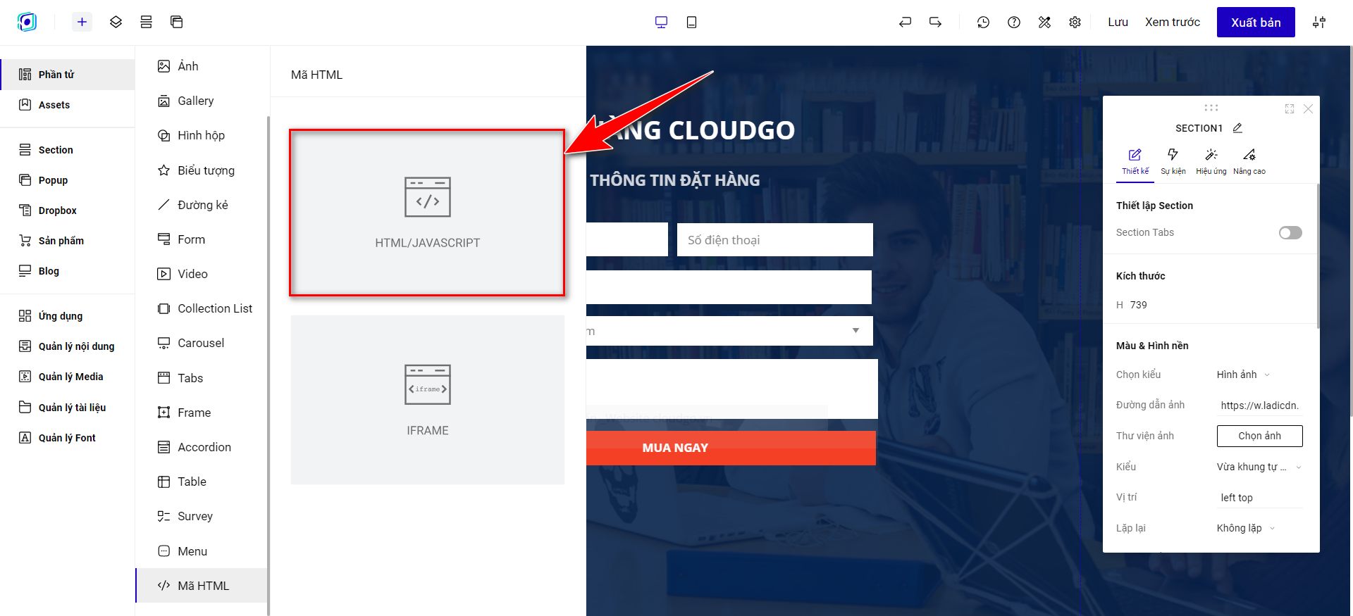 Bước 2 - Chọn loại mã HTML/JAVASCRIPT