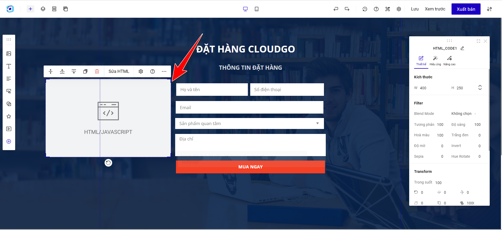 Bước 3 - Di chuyển bảng mã HTML đến vị trí mong muốn trên trang