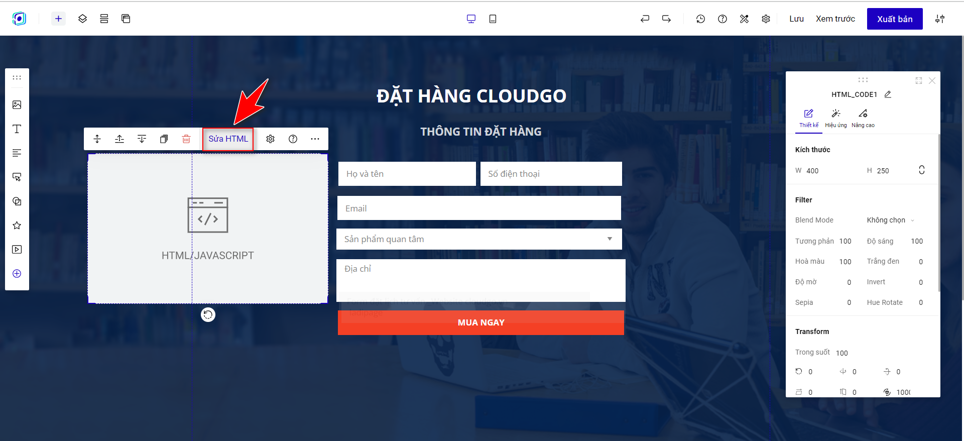 Bước 5 - Nhấn Sửa HTML, dán bảng mã code đã điều chỉnh