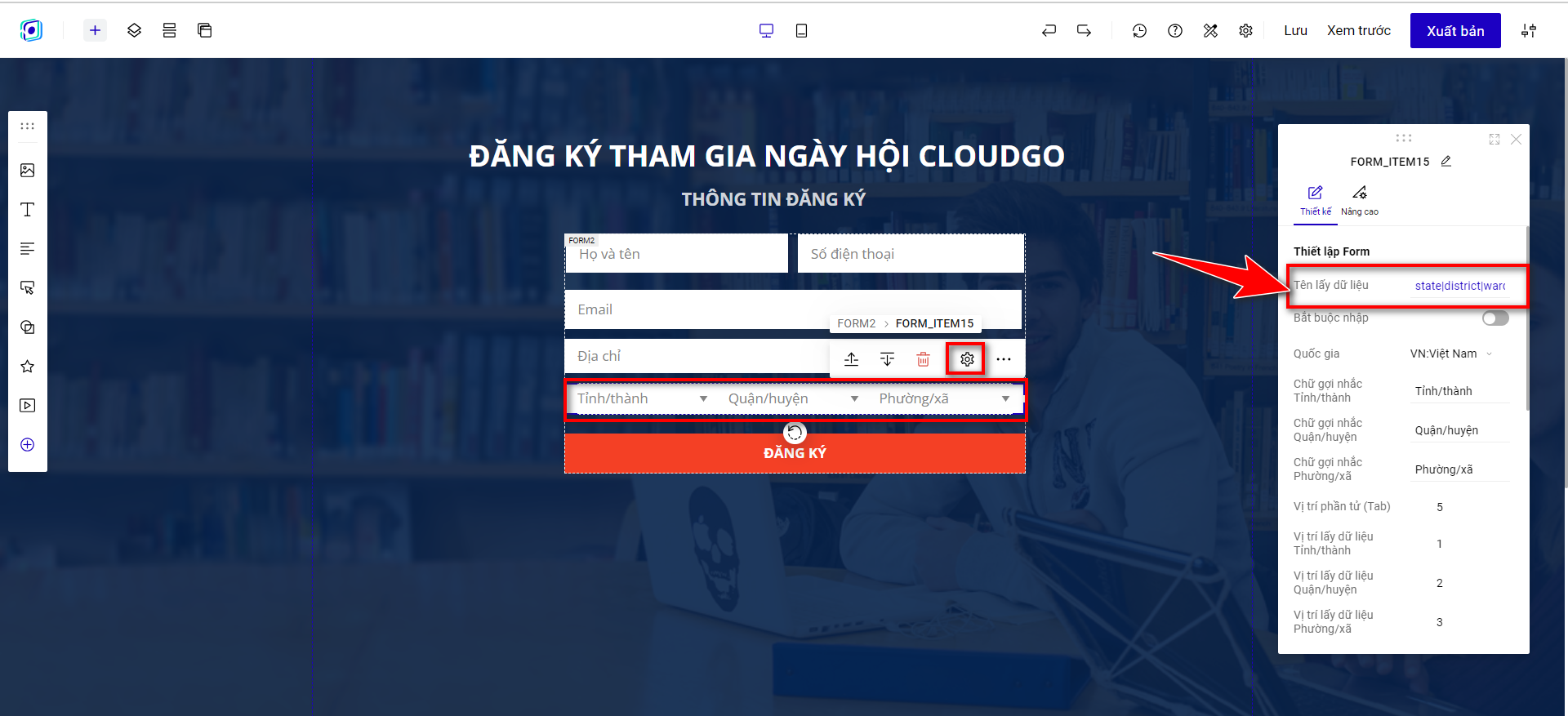 Bước 1 - Copy Tên lấy dữ liệu của khối Tỉnh/TP - Quận/Huyện - Xã/Phường