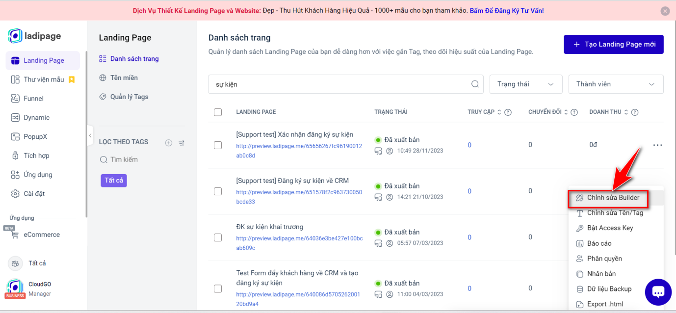 Bước 2 - Click icon Ba chấm, chọn Chỉnh sửa Builder