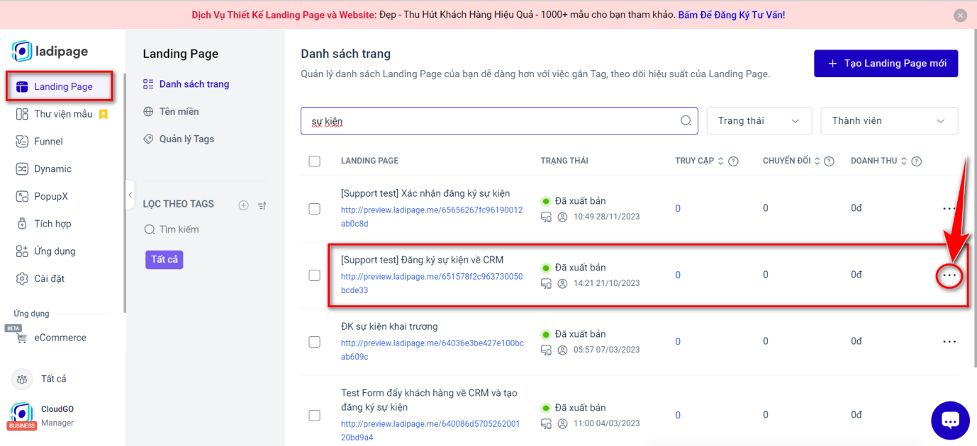 Bước 1 - Chọn Landing Page cần cấu hình form Lưu data đăng ký sự kiện
