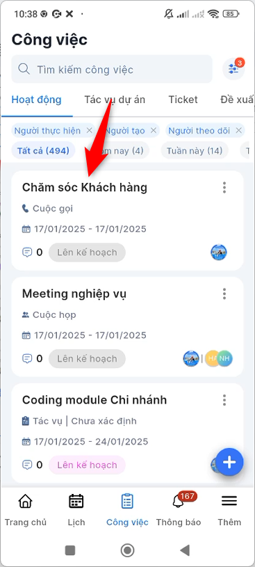 Chọn công việc cần xóa